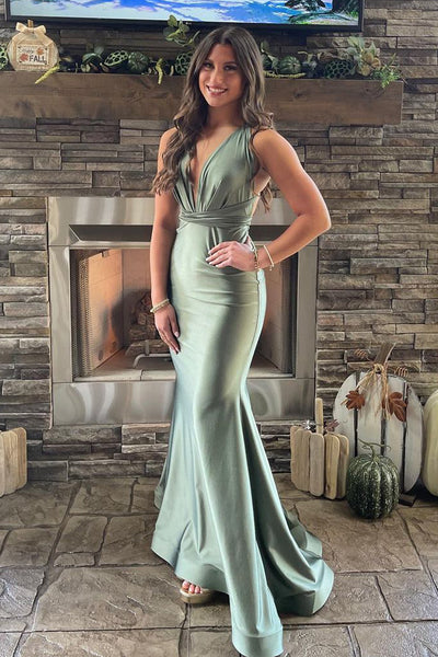 Fashion Mermaid Sage Green Silk Satin Long Bridesmaid Dresses AB102501