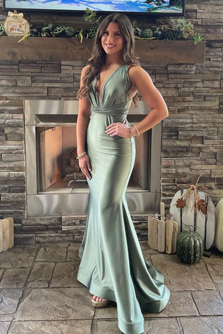 Fashion Mermaid Sage Green Silk Satin Long Bridesmaid Dresses AB102501