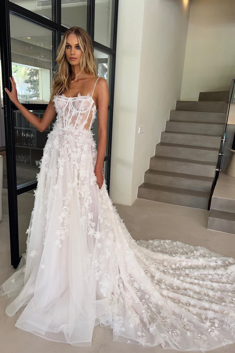 Gorgeous A Line Tulle Wedding Dresses with 3D Appliques AB10301