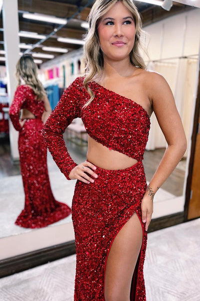Charming Mermaid One Shoulder Dark Red Sequins Prom Dresses with Slit AB10302