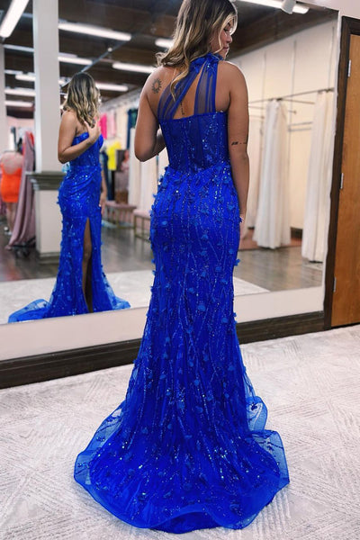 Charming Mermaid One Shoulder Royal Blue Lace Prom Dresses with Slit AB10303
