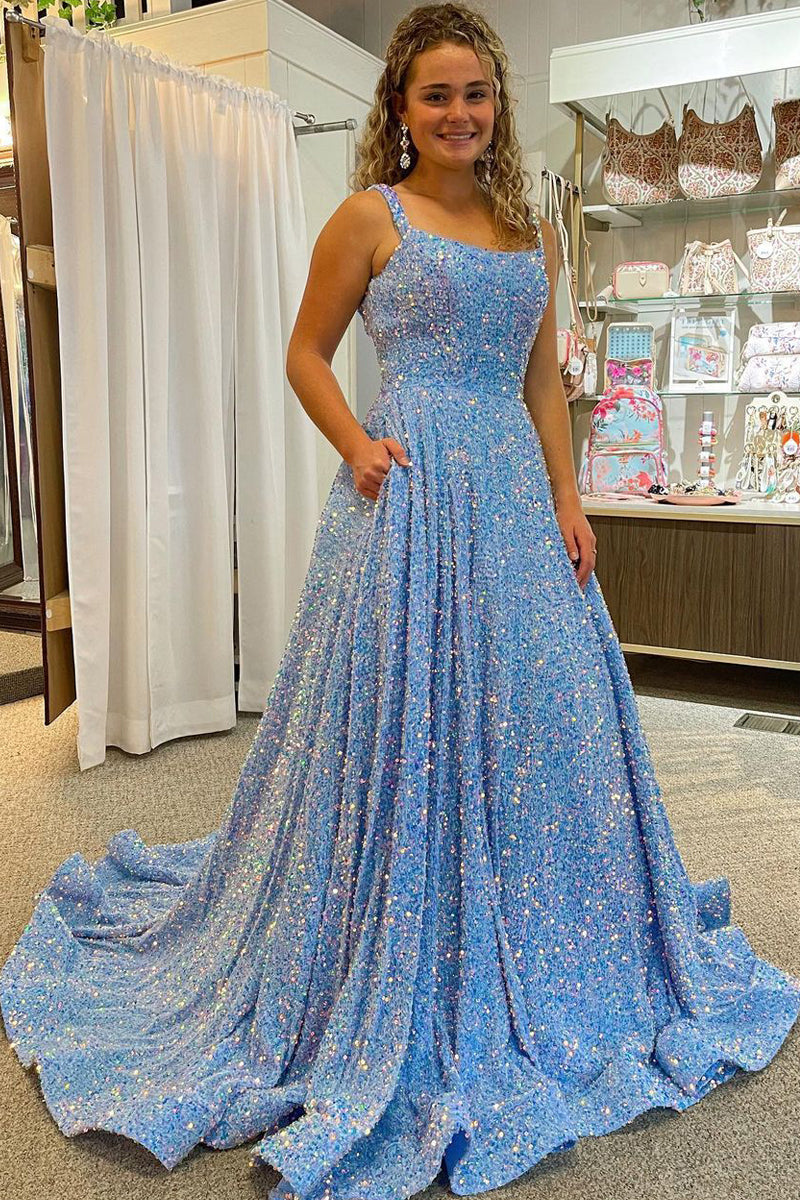 Cute Ball Gown Light Blue Velvet Sequins Prom Dresses with Pockets AB10304