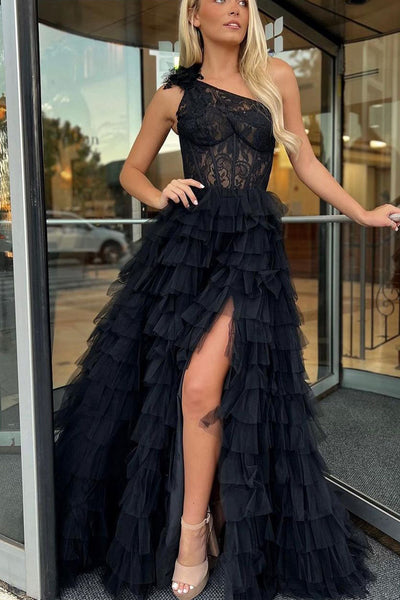 Charming Tutu One Shoulder Black Long Prom Dresses with Slit AB10305