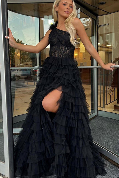 Charming Tutu One Shoulder Black Long Prom Dresses with Slit AB10305