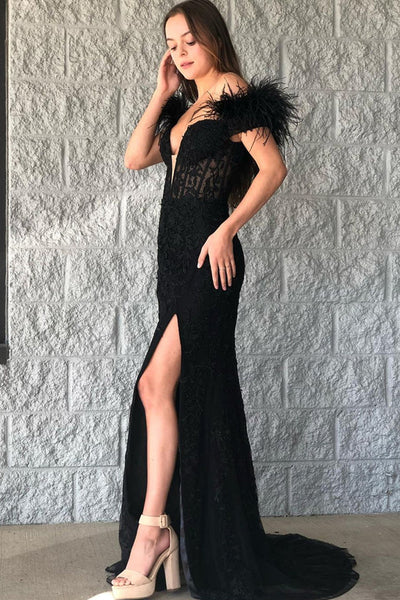 Charming Mermaid Off the Shoulder Black Tulle Lace Prom Dresses AB10305