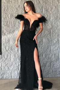 Charming Mermaid Off the Shoulder Black Tulle Lace Prom Dresses AB10305