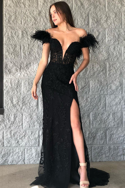 Charming Mermaid Off the Shoulder Black Tulle Lace Prom Dresses AB10305