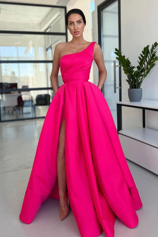 Charming A Line One Shoulder Hot Pink Satin Long Prom Dresses with Slit AB103104