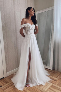 Charming A Line Off the Shoulder Tulle Wedding Dresses with Appliques AB103105