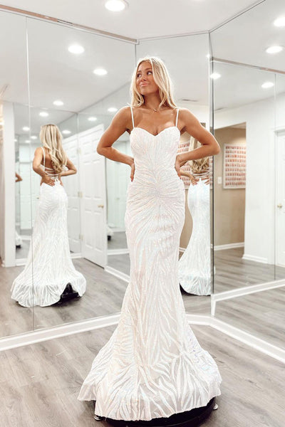 Charming Mermaid White Sequins Lace Prom Dresses AB10605