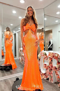 Cute Mermaid Sparkly Sweetheart Orange Sequins Prom Dresses AB10904