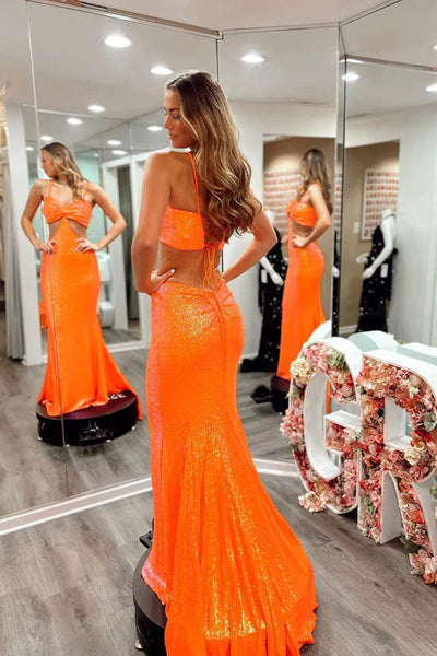 Cute Mermaid Sparkly Sweetheart Orange Sequins Prom Dresses AB10904