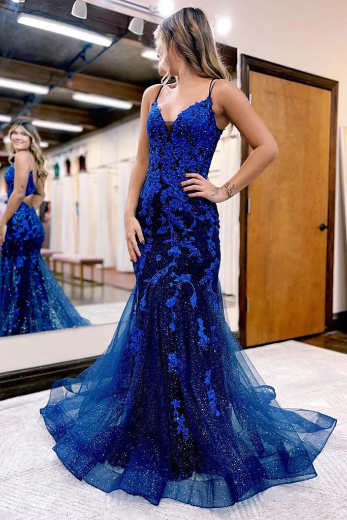 mermaid tulle prom dress Charming Lace Mermaid Cross Back Tulle Long Prom Dress, FC5362