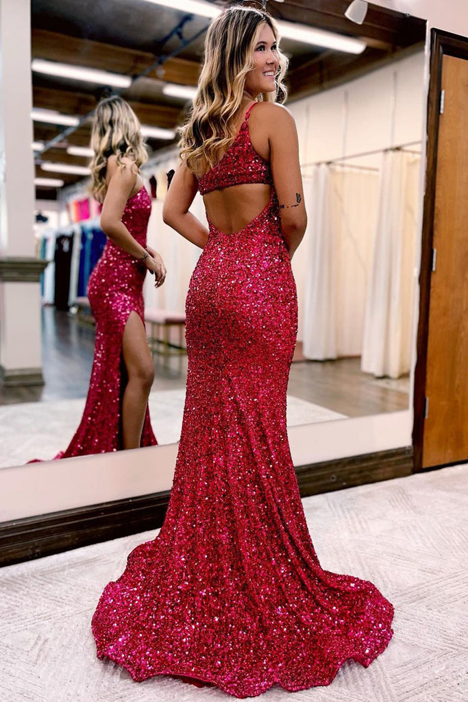 Sparkly Mermaid One Shoulder Dark Red Velvet Sequins Prom Dresses with ...