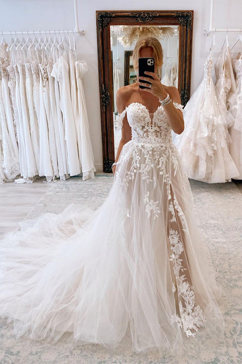 Charming A Line Sweetheart Tulle Wedding Dresses with Appliques AB1104 – Anniebride