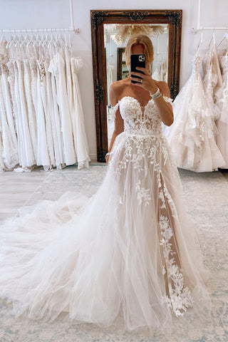 Charming A Line Sweetheart Tulle Wedding Dresses with Appliques AB110407