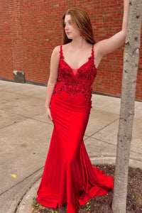 Charming Mermaid V Neck Red Prom Dresses with Appliques AB110702