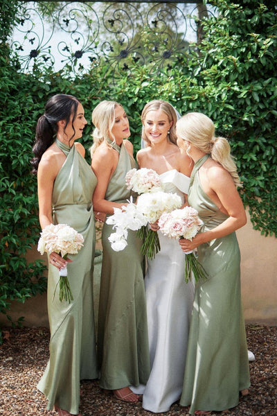 Charming Sheath Hatler Sage Green Long Bridesmaid Dresses AB110705