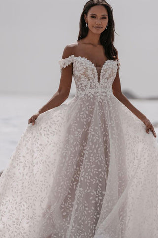 Charming A Line Off the Shoulder Lace Wedding Dresses AB110707