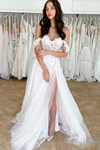 Charming A Line Off the Shoulder Tulle Wedding Dresses with Slit AB110802