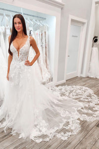 Fairy A Line V Neck Tulle Wedding Dresses with Lace AB110805