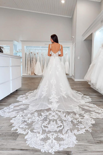 Fairy A Line V Neck Tulle Wedding Dresses with Lace AB110805