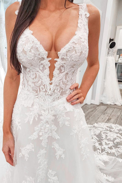 Fairy A Line V Neck Tulle Wedding Dresses with Lace AB110805
