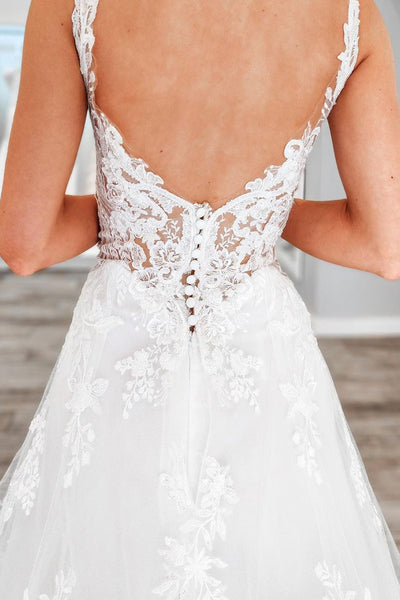 Fairy A Line V Neck Tulle Wedding Dresses with Lace AB110805