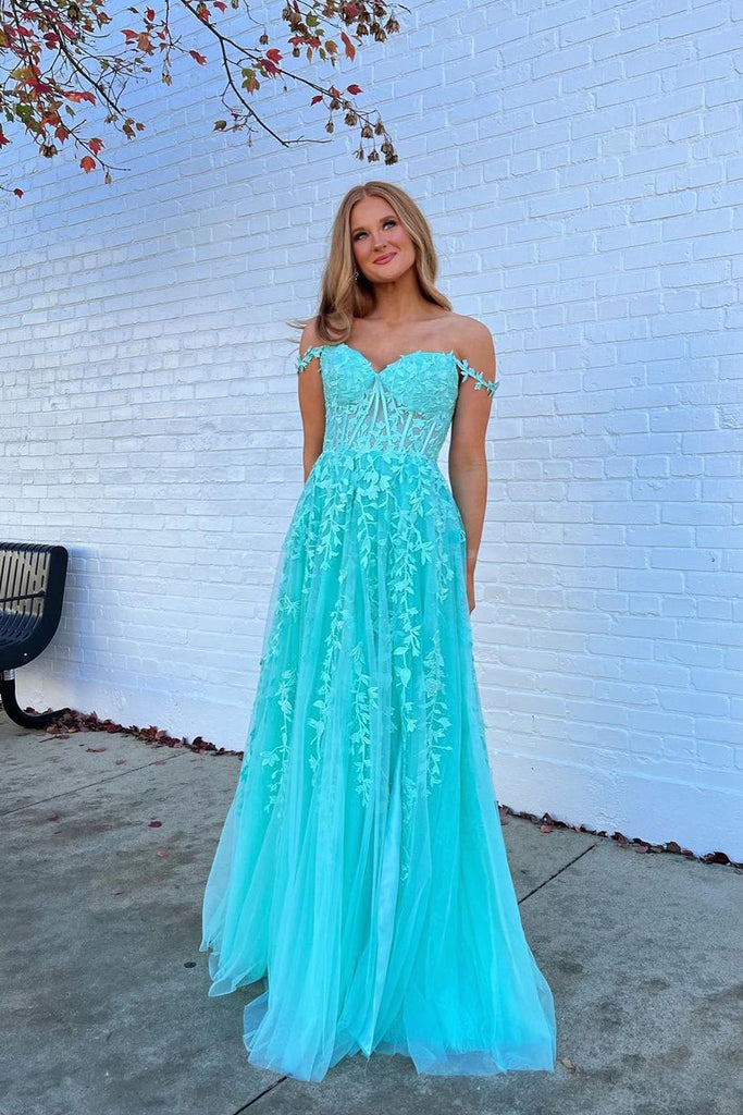 Charming A Line Off the Shoulder Teal Tulle Prom Dresses with Applique