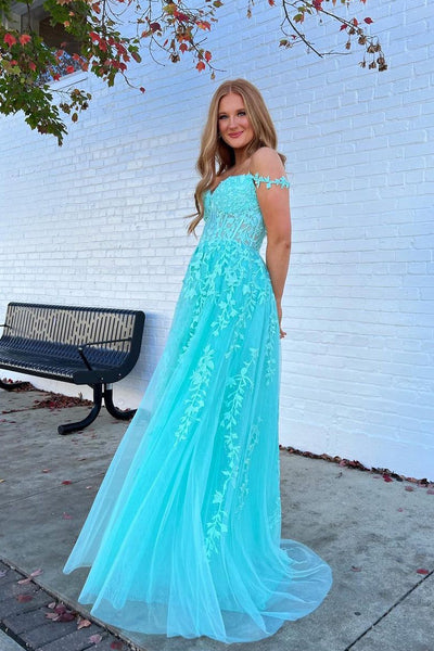 Charming A Line Off the Shoulder Teal Tulle Prom Dresses with Appliques AB111006