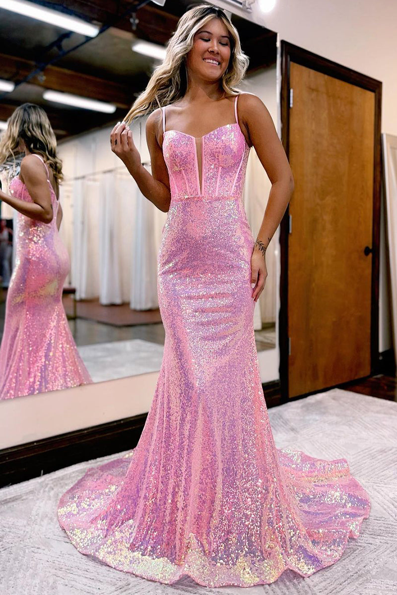 Sparkly Mermaid Sweetheart Pink Sequins Long Prom Dresses AB111303