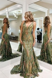 Unique Mermaid V Neck Royal Blue Sequins Long Prom Dresses AB102302