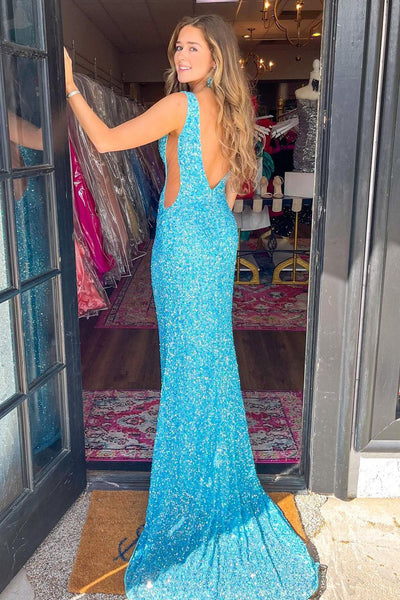 Charming Mermaid V Neck Blue Sequins Long Prom Dresses AB111505