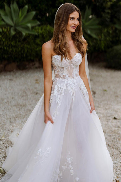 Charming A Line Sweetheart Tulle Wedding Dresses with Appliques AB111705