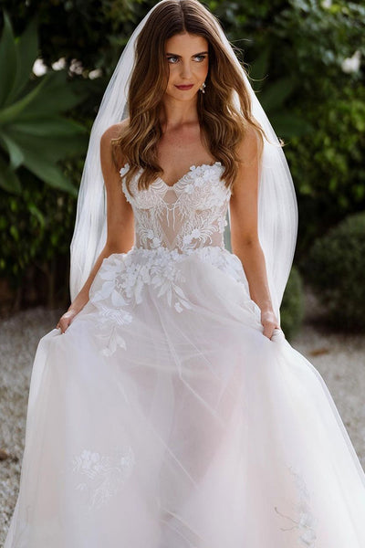 Charming A Line Sweetheart Tulle Wedding Dresses with Appliques AB111705