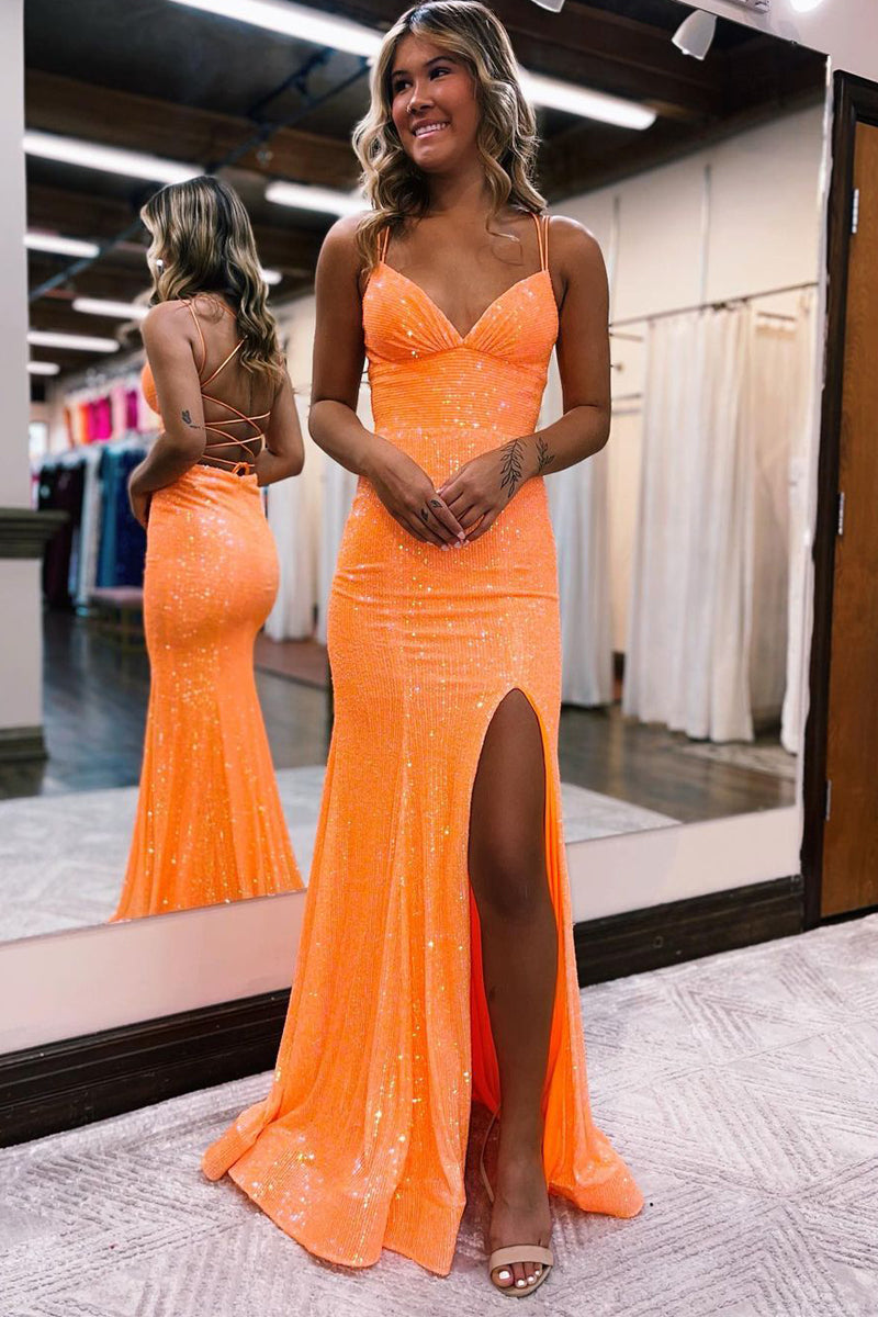 Cute Mermaid V Neck Orange Sequins Long Prom Dresses with Slit AB112101