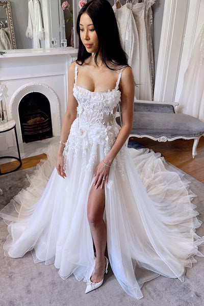 Fairy A Line Scoop Neck Tulle Long Wedding Dresses with Lace AB112201