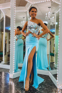 Charming Mermaid One Shoulder Blue Satin Prom Dresses with Beaded AB11405