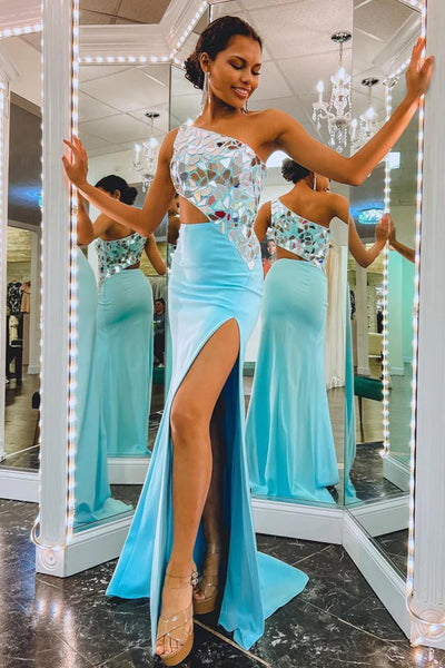 Charming Mermaid One Shoulder Blue Satin Prom Dresses with Beaded AB11405