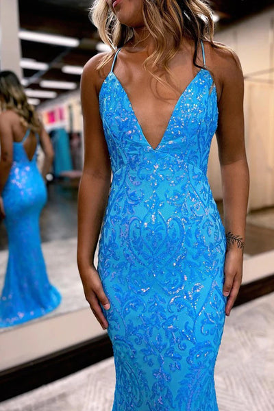 Sparkly Mermaid V Neck Blue Sequins Prom Dresses AB11406