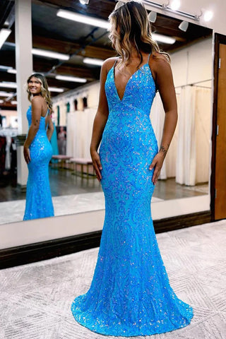 Sparkly Mermaid V Neck Blue Sequins Prom Dresses AB11406