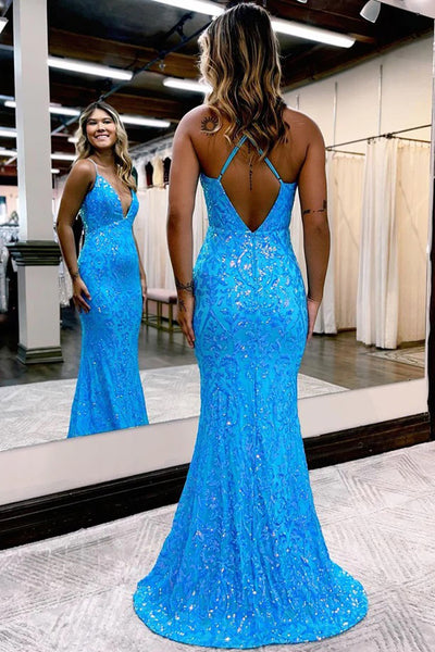 Sparkly Mermaid V Neck Blue Sequins Prom Dresses AB11406