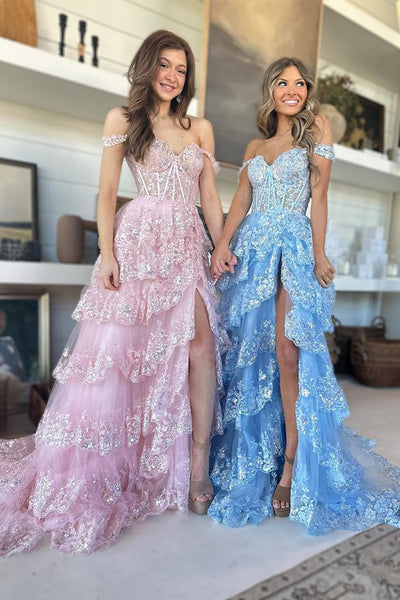 Cute A Line Tutu Sparkly Lace Prom DressesSweetheart Hot Pink Sequins Long Prom Dresses AB11702