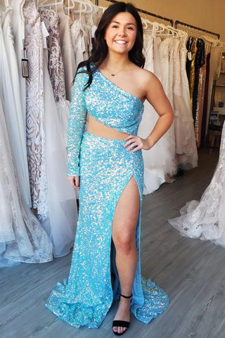 Charming Mermaid One Shoulder Sleeves Blue Sequins Prom Dresses AB11901