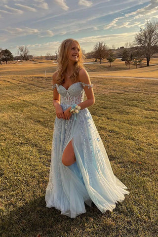 Cute A line Off the Shoulder Light Blue Long Prom Dresses with Appliques AB11904
