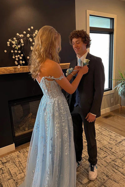 Cute A line Off the Shoulder Light Blue Long Prom Dresses with Appliques AB11904