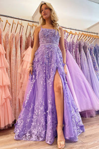 Charming A Line Sweetheart Light Purple Lace Long Prom Dresses AB12002