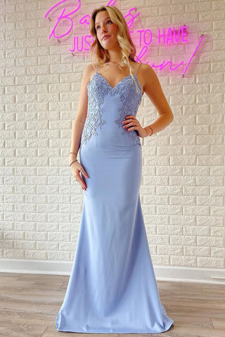 Charming Mermaid Sweetheart Light Blue Satin Prom Dresses with Appliques AB12003