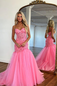 Cute Mermaid Sweetheart Hot Pink Tulle Prom Dresses with Lace AB12004