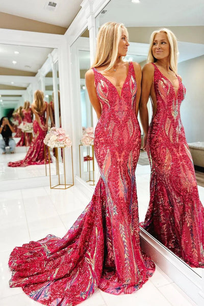 Unique Mermaid V Neck Royal Blue Sequins Long Prom Dresses AB102302